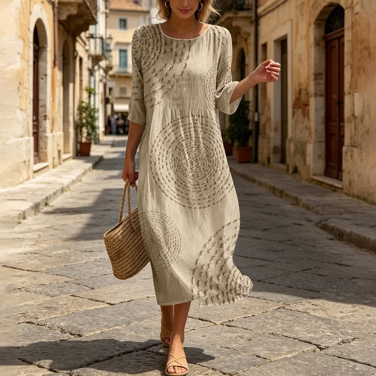 boho style spring dresses Womens Spring Dresses Floral-Printed Swing Sleeve Half Holiday Casual Maxi  Boho Womens Dresses Spring