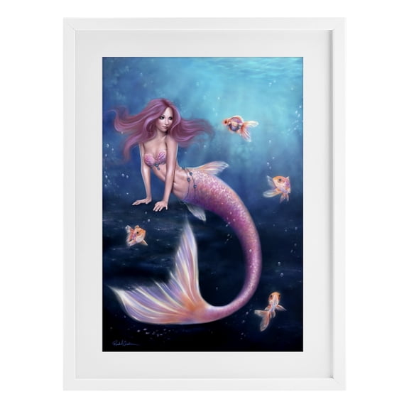 Aurelia Mermaid & Fish White Framed Print Under Glass, design by Rachel Anderson