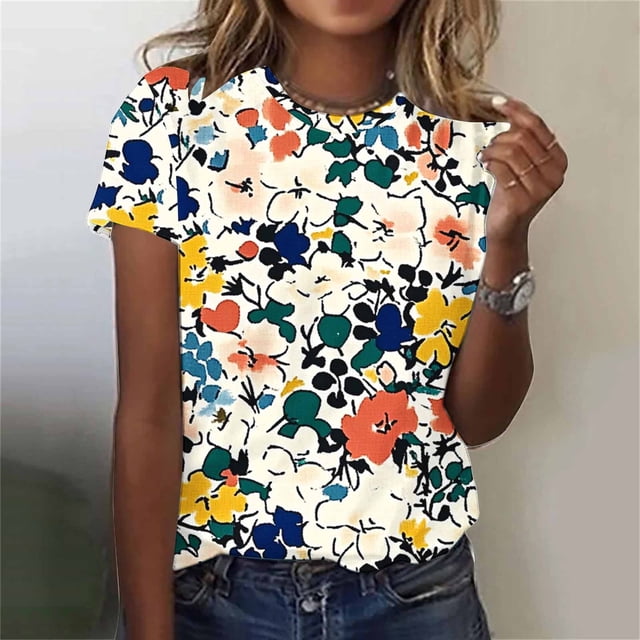 Mareep Blouse pour Femmes P-5TG Femmes Mode Été Aguichant Imprimée Régulière Femmes Manches Courtes Col Rond Liquidation de Hauts pour Femmes, Cadeau
