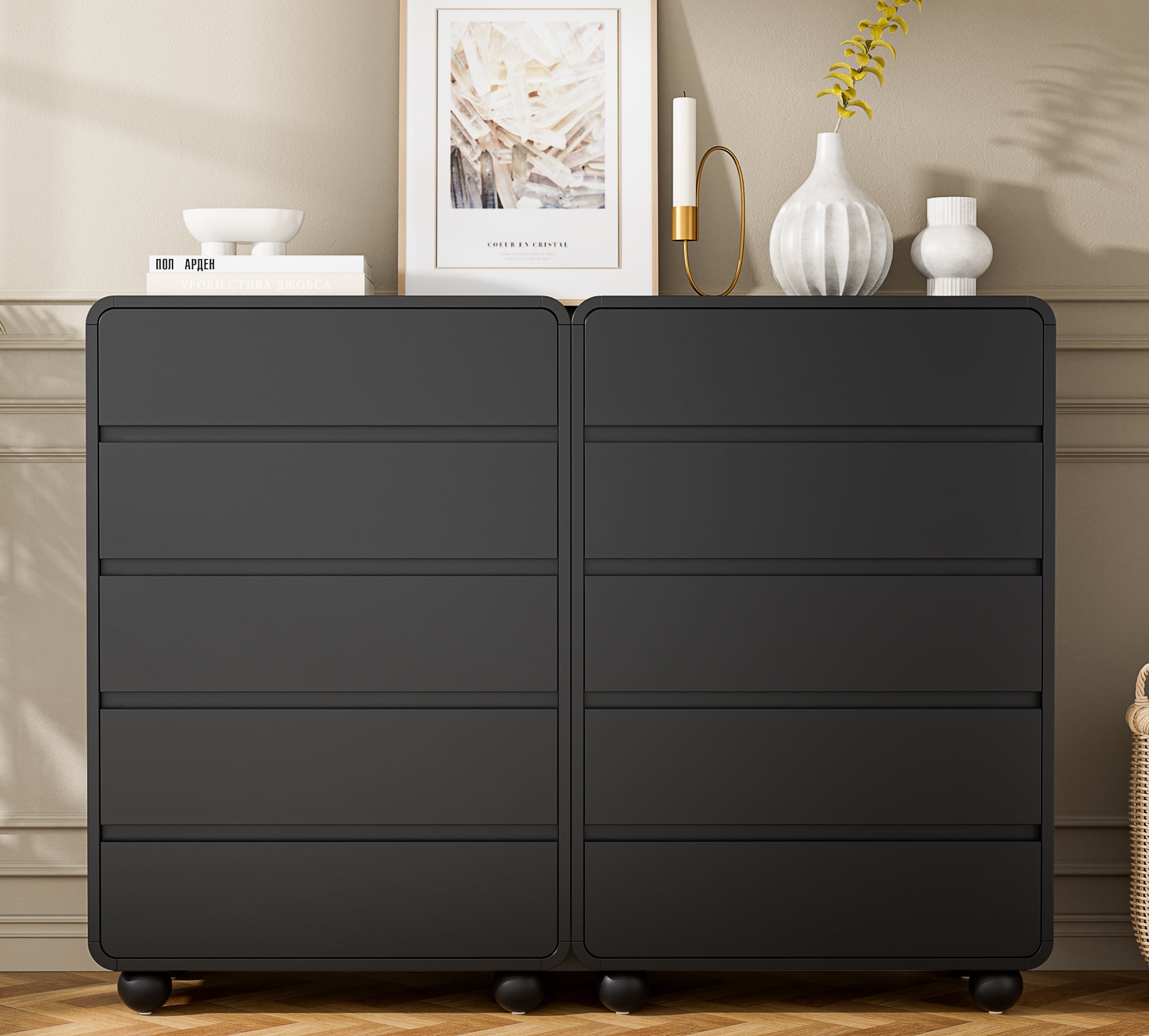 Aufeile 41" Tall Dresser for Bedroom, 5 Drawer Modern Wood Dresser with Curved Profile, Chest of Drawers for Bedroom, Vertical Storage Cabinet for Living Room, Entryway, Black
