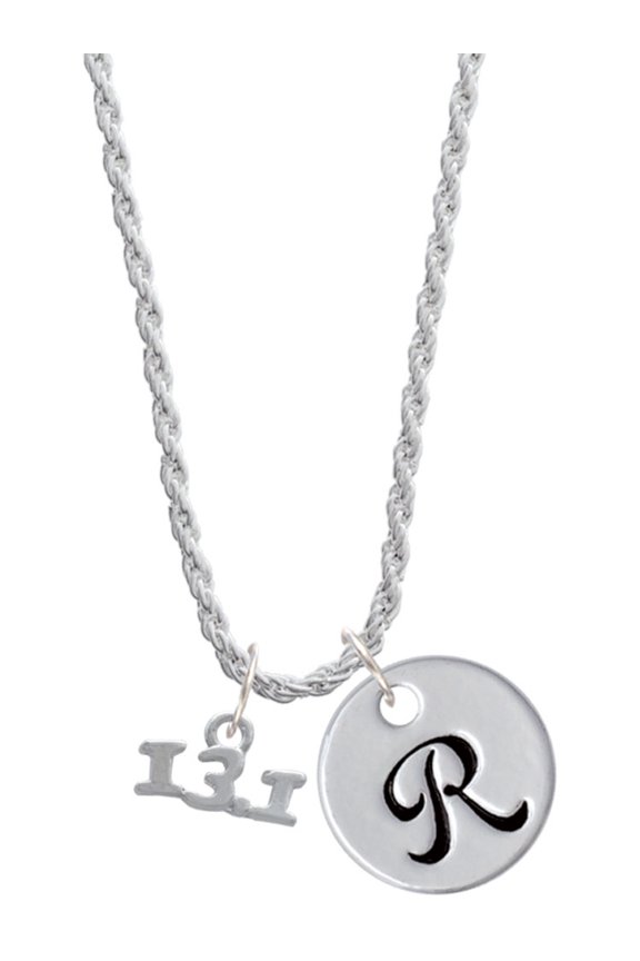 Silvertone Half Marathon - 13.1 Silvertone Script Initial Disc - R - Charm Necklace, 20"+3"