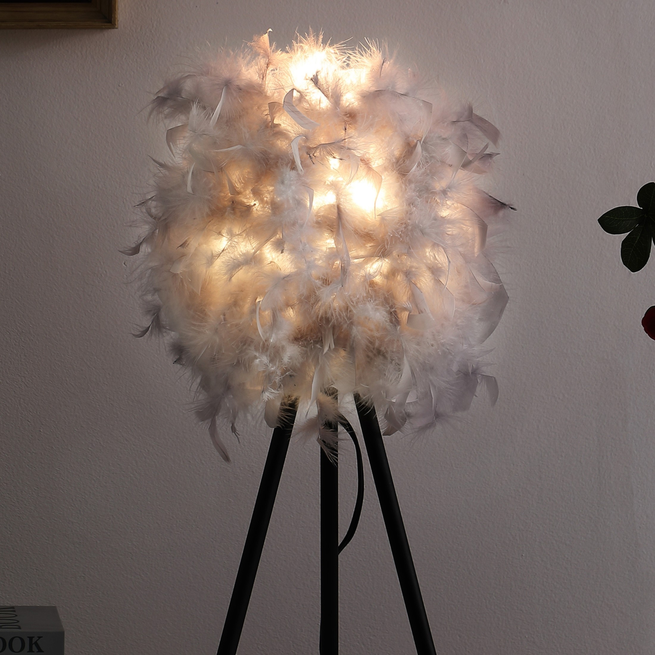 Noble House 20.5" Feather Shade Tripod Table Lamp, Matte Black Legs, Semi-Round Shade, E26 Light Bulb, Soft Gray