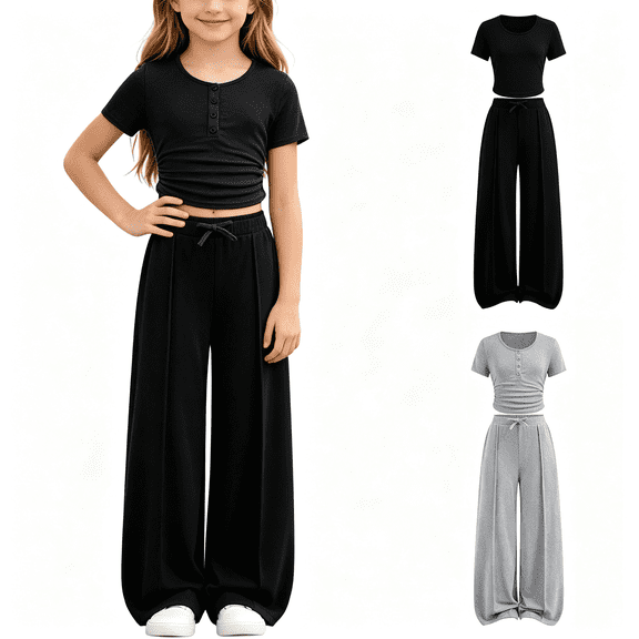 NEBWOAK Trendy Preppy Girls Outfit Set, Cropped Short Sleeve Tee High Waisted Wide Leg Pants,Black Size 11-12