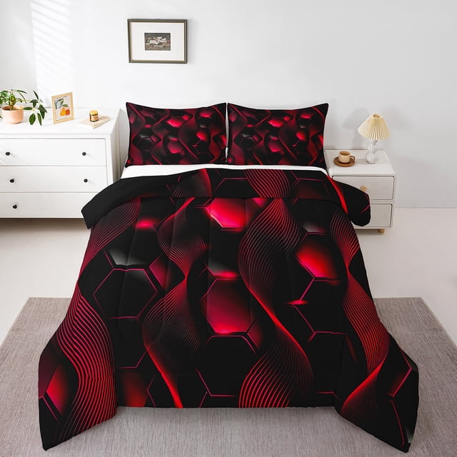 Neon Lights Geometric Twin Comforter Set,Geometry Stripes Honeycomb Bedding Set,Ombre Gradient Bed Set,Glowing Hexagonal Striped Scarlet Red and Black Quilt Duvet with 1 Pillow Case