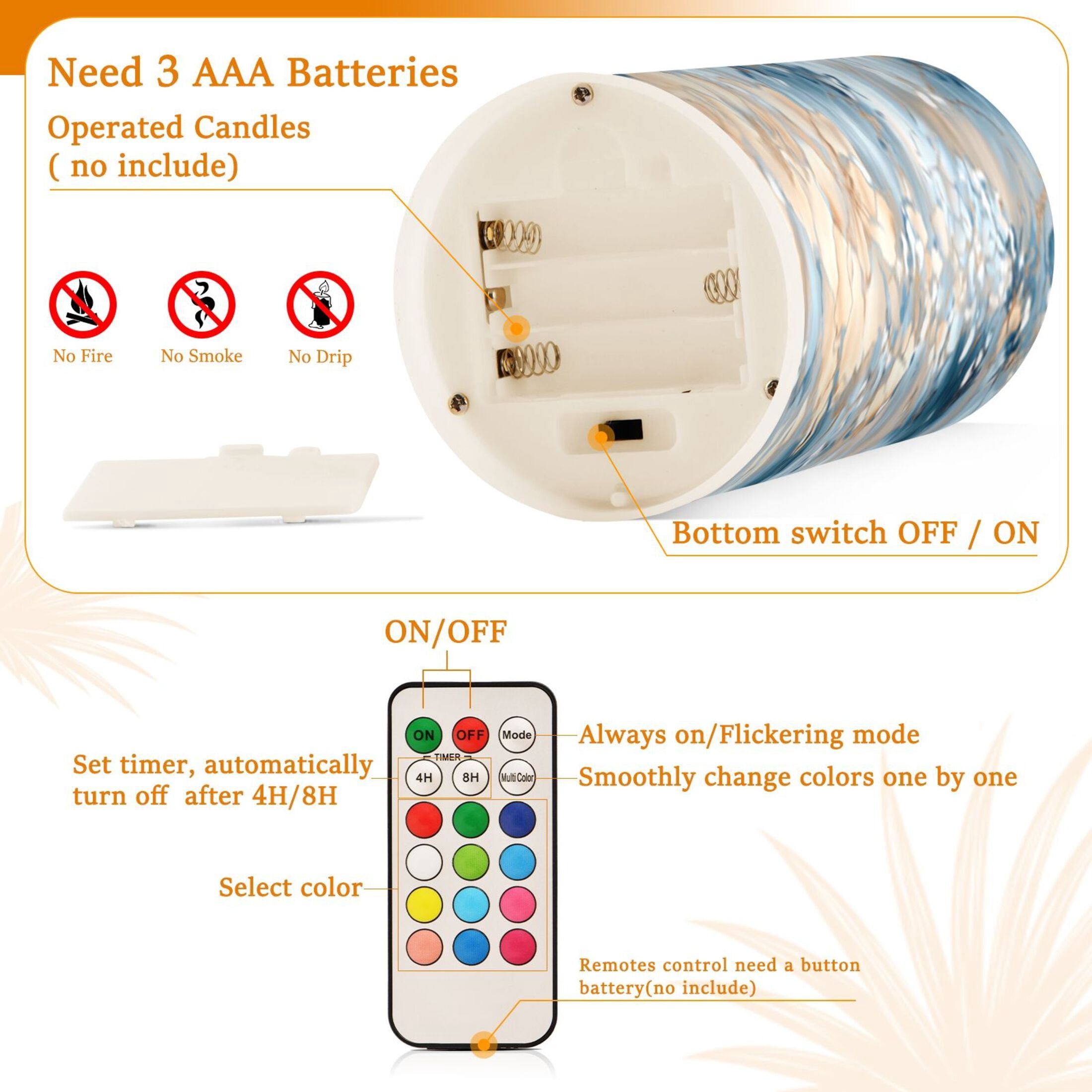 Blue and Beige Flower Flickering Flameless Candles Battery Operated with Remote Timer LED Pillar Candles Set of 2