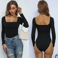 thumbnail image 2 of Cotonie Long Sleeve Bodysuit for Women, Tummy Control Leopard Shapewear Square Neckline Bodysuit Basic Jumpsuit Black M, 2 of 9