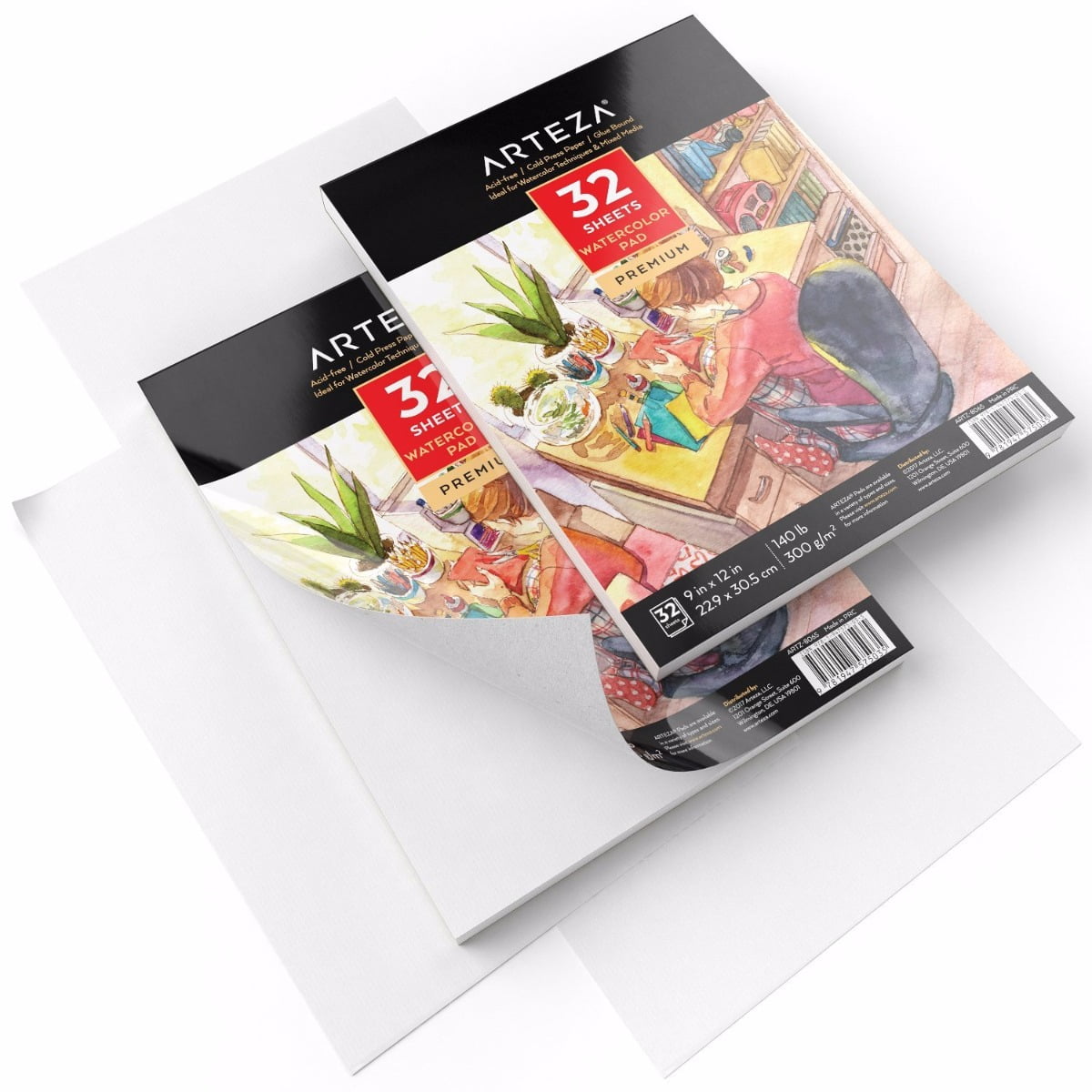 Arteza 9" x 12" Cold-Pressed Watercolor Paper Pad, 32 Sheets, Set of 2