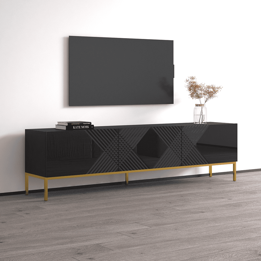 Exito 01 TV Stand for TVs up to 85", Mid-Century Modern High Gloss 75" Entertainment Center, TV Media Console with Storage Cabinets