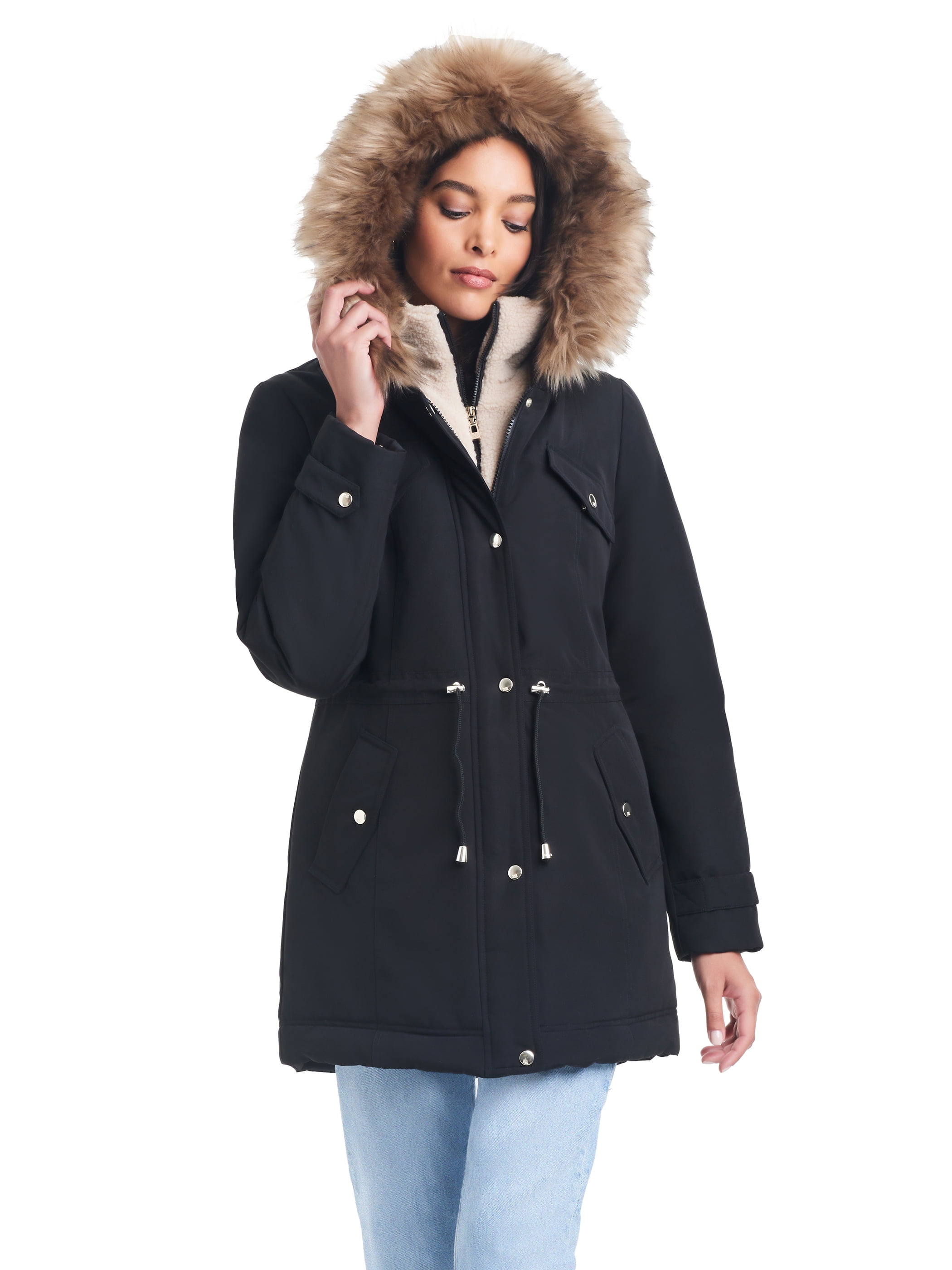 Sam & Libby Ladies Long Sleeve Mid-Length Parka with Sherpa Bib