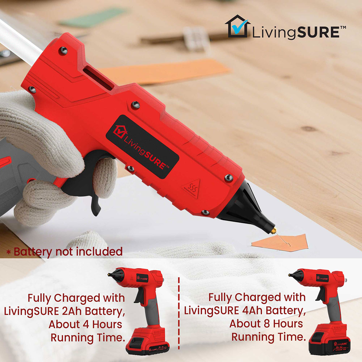 Cordless Hot Glue Gun by LivingSURETM Fast Preheating Hot Melt Glue Gun includes 20pcs Glue Sticks Ergonomic Easy Grip Handle - Battery Not Included