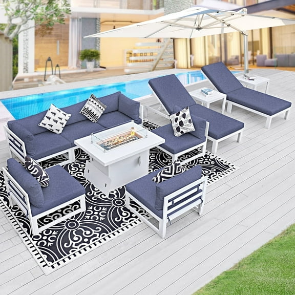 RADIATA 11 Pieces Aluminum Outdoor Patio Conversation Furniture Sofa Set with Fireplace Large Size Weather Resistant Thicken Denim Blue Olefin Cushions