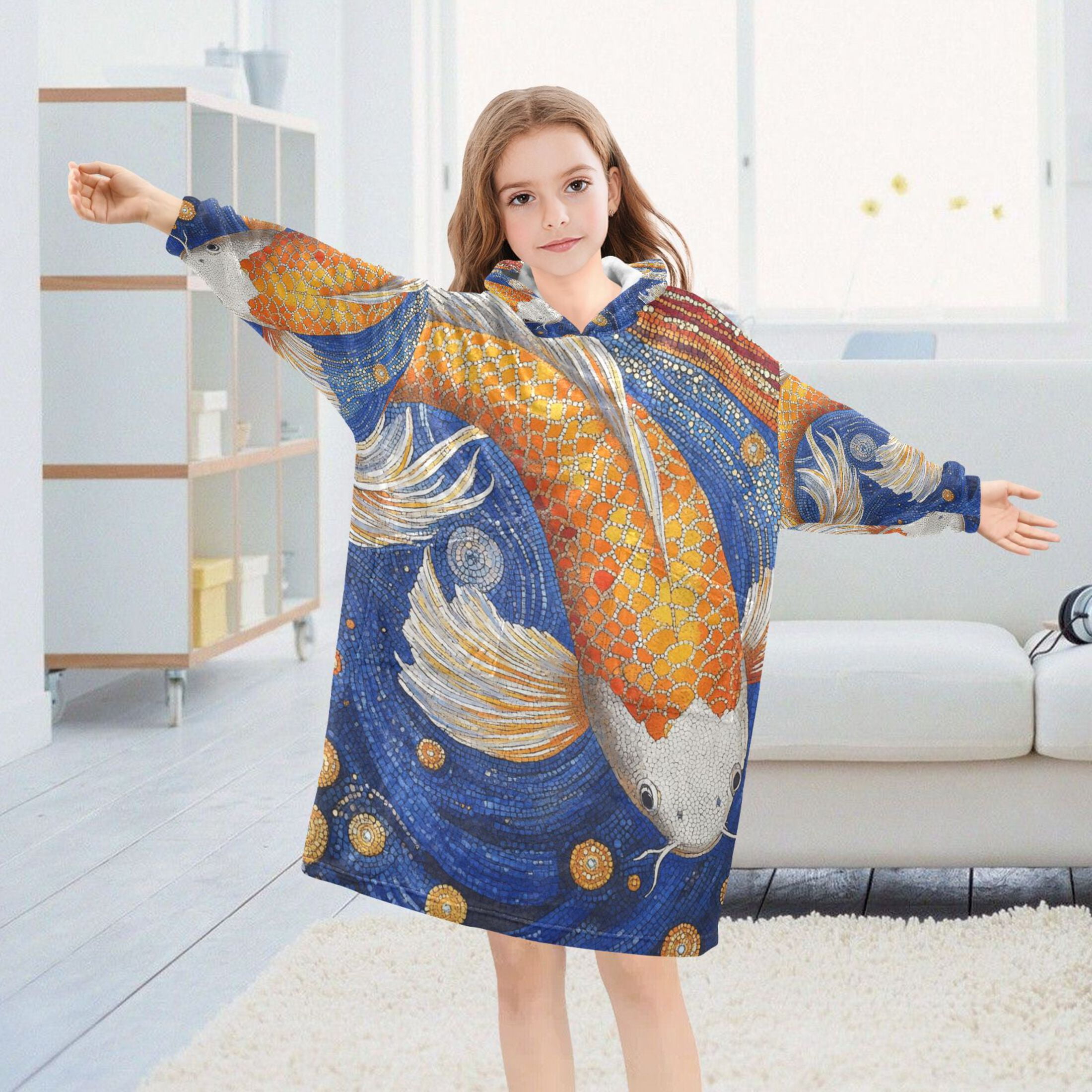 YAZAOO Kids Wearable Blanket Hoodie Warm and Cozy Cosmic Koi Flannel Sweatshirt