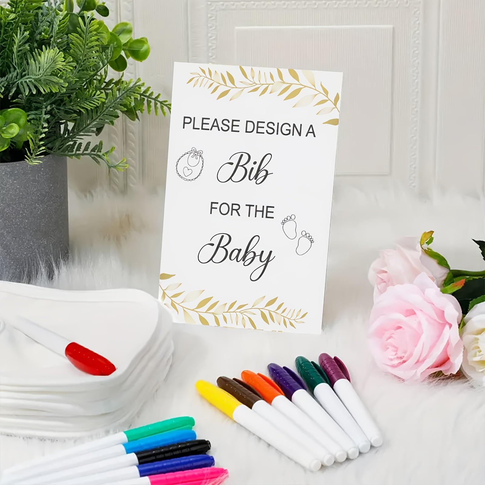 Baby Shower Coloring Bibs Set, 30 Disposable Non-Woven Bibs 7x7in with 12 Markers & 5.1x7.9in Game Sign, Baby Party Activity for Christmas, New Year, Valentine & Holidays