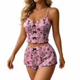 thumbnail image 2 of Jowdiw Women Pajama Set Print Cami Shorts Set Bow Decor Ruffle Hem Lounge Sleepwear Two Piece Home Wear, 2 of 6