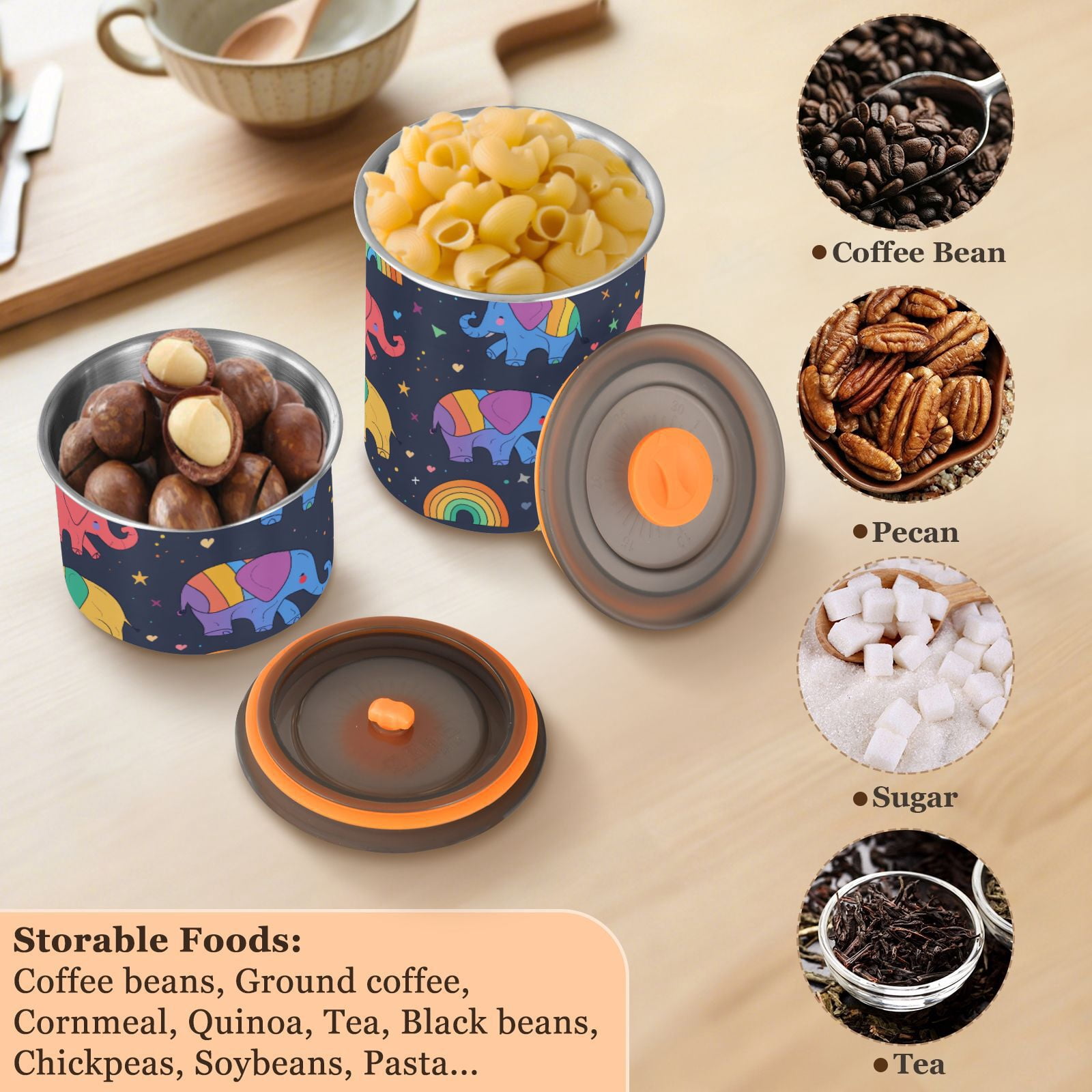 Elephant Cartoon Airtight Coffee Bean Canister 30oz Food Storage Containers with Lids For Gournd, Tea, Sugar, Flour, Rice, Cereal, Candy Cookie Jar