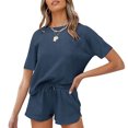 thumbnail image 1 of Ensemble de Pyjama en Tricot Gaufré pour Femmes, Haut à Manches Courtes et Shorts, Vêtements de Nuit avec Poches, 1 of 4