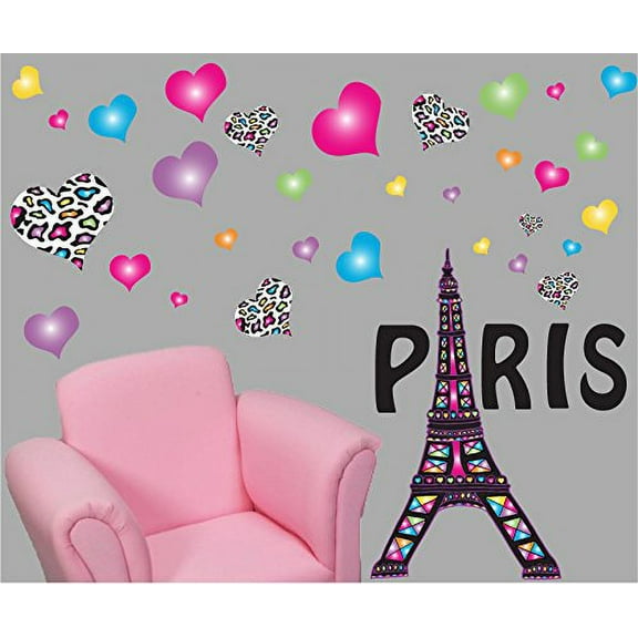 Girls Paris Wall Decals/Paris Wall Stickers Theme with Eiffel Tower Wall Decals with 30 Multicolored and Leopard Print Heart Wall Stickers
