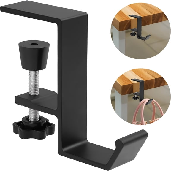 LAMIRO Purse Hook for Table, Purse Hanger for Desk, Clamp-On Under Desk Backpack Hanger, Women's Bag Hook for Handbag and Purse Holder (Black Single Hook)