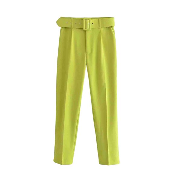 XFLWAM Women's Solid Suit Pants Business Casual Slim Fit Trousers Straight Leg Work Pockets Slacks Dress Pants with Belt Mint Green M