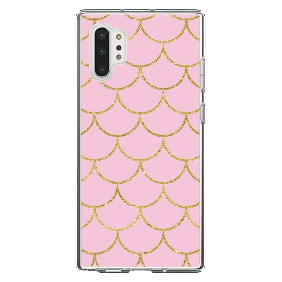 DistinctInk Clear Shockproof Hybrid Case for Galaxy Note 10 PLUS (6.8" Screen) - TPU Bumper, Acrylic Back, Tempered Glass Screen Protector - Pink & Gold Print - Scalloped Pattern