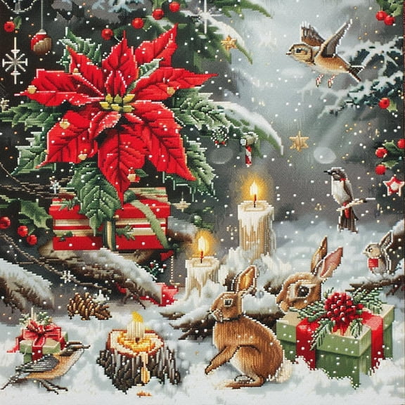 Red Poinsettia Candles Rabbit in Snow DIY 11CT Stamped Cross Stitch Kits for Beginners Easy Needlepoint Embroidery Counted Cross Stitch Art Craft for Wall Decoration 14x14inch(2)
