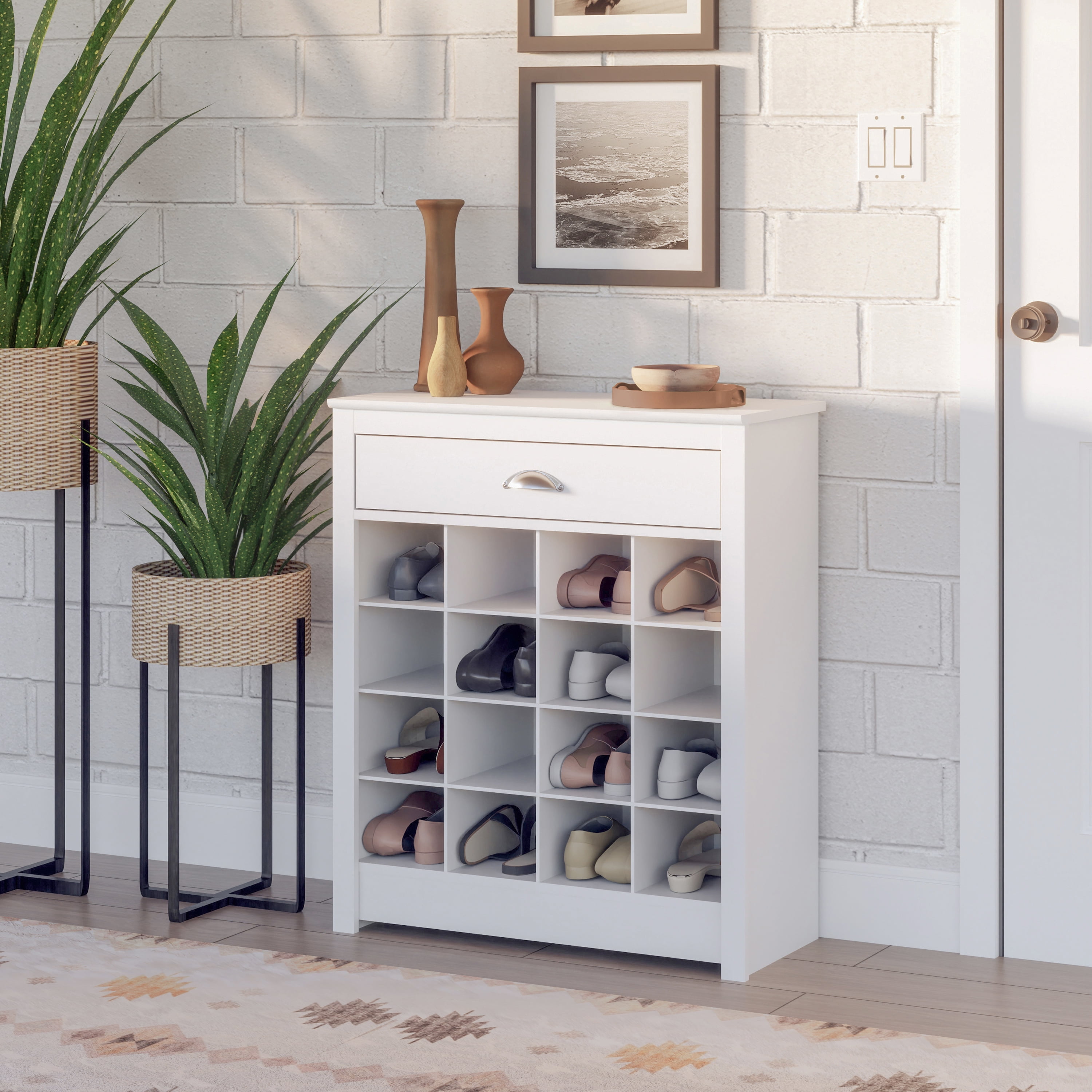 Prepac Entryway Shoe Storage Cabinet with 16 Cubbies and a Slim Top Drawer, White