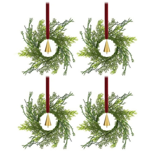 4 Sets Mini Christmas Wreath for Cabinets 5.9 Inch Artificial Cypress Cedar Wreath with Vintage Cow Bells Ribbon for Xmas DIY Craft Kitchen Chair Window Fireplace Wall Decor