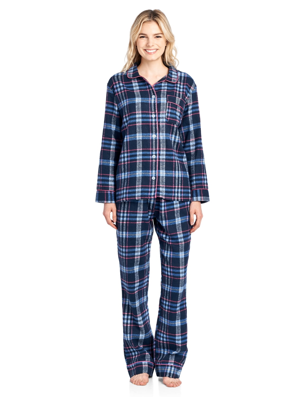 Women's Flannel Plaid Pajamas Long Pj Set - Navy/Pink - Medium ...