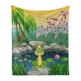 thumbnail image 1 of King Soft Flannel Fleece Throw Blanket, Fairytale Inspired Little Frog Prince near Lake on Moss Rock with Flowers Image, Cozy Plush for Indoor and Outdoor Use, 60" x 80", Multicolor, by Ambesonne, 1 of 6