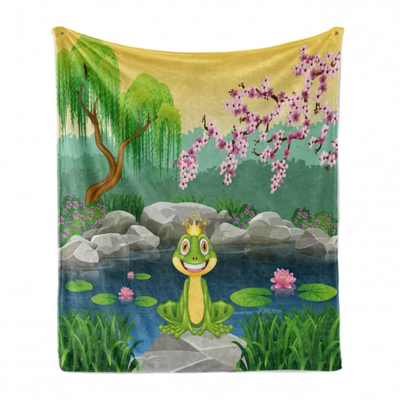 King Soft Flannel Fleece Throw Blanket, Fairytale Inspired Little Frog Prince near Lake on Moss Rock with Flowers Image, Cozy Plush for Indoor and Outdoor Use, 50" x 70", Multicolor, by Ambesonne