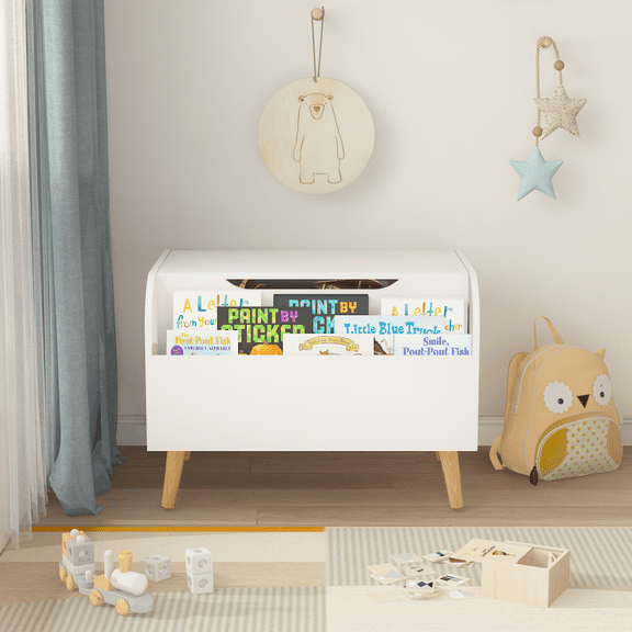 Wooden Toy Box with 4 Legs, Kids Toy Storage Organizer with Front Bookshelf, Flip-Top Lid, Safety Hinge, Boys Girls Toy Chest Bench for Playroom Kids Room Organization (White)