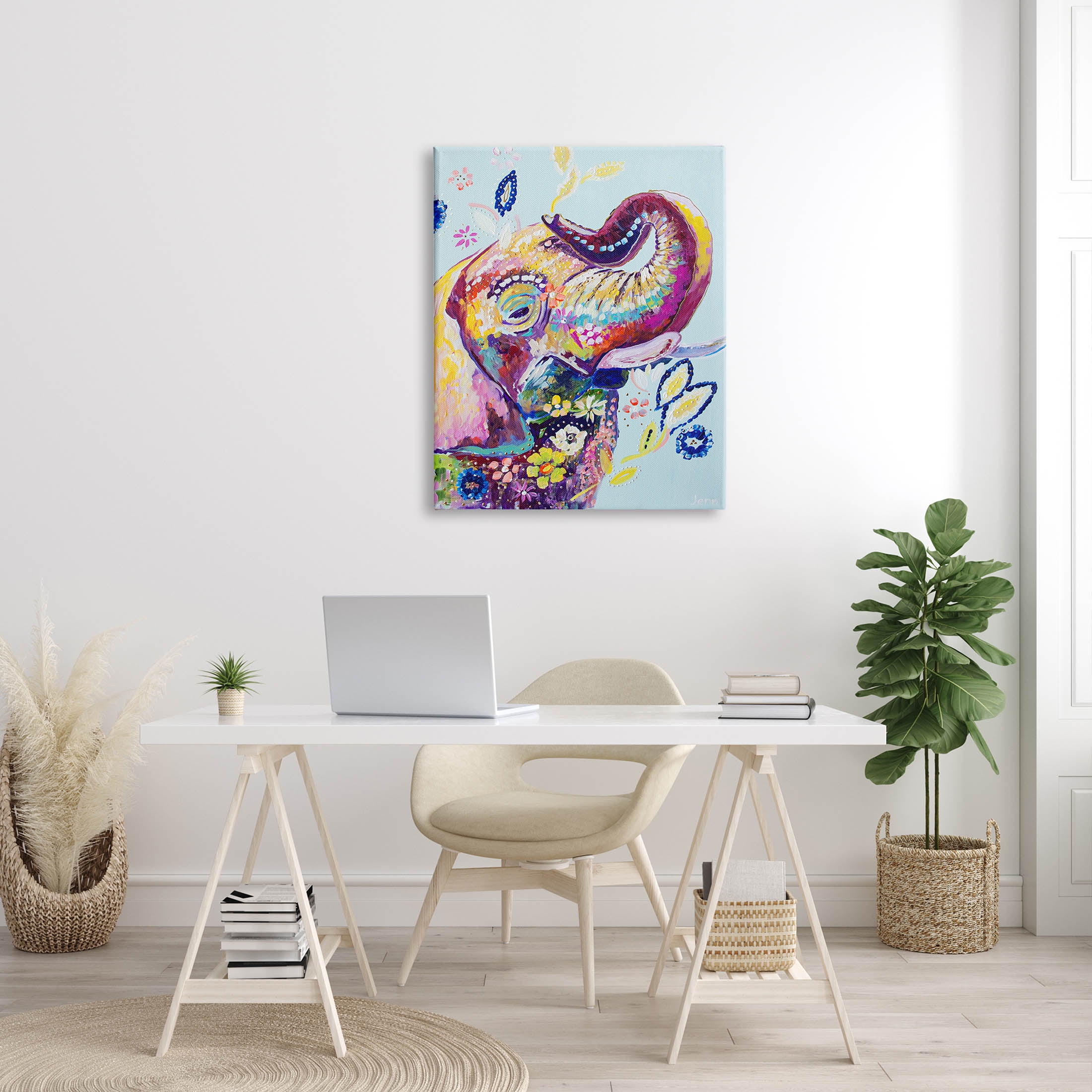 Floral Pattern Fun Elephant Animals & Insects Painting Gallery Wrapped Canvas Print Wall Art
