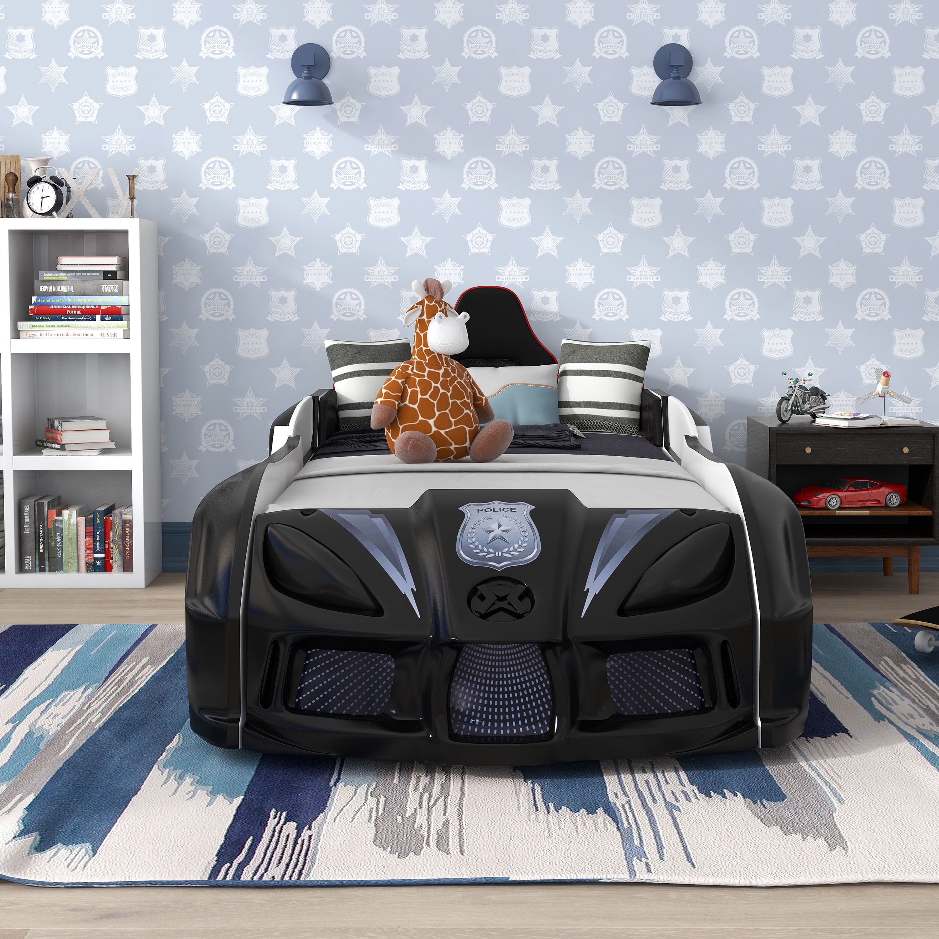 Furniture of America Dash Kids Plastic Twin Race Car Bed with LED and Sound, Black and White
