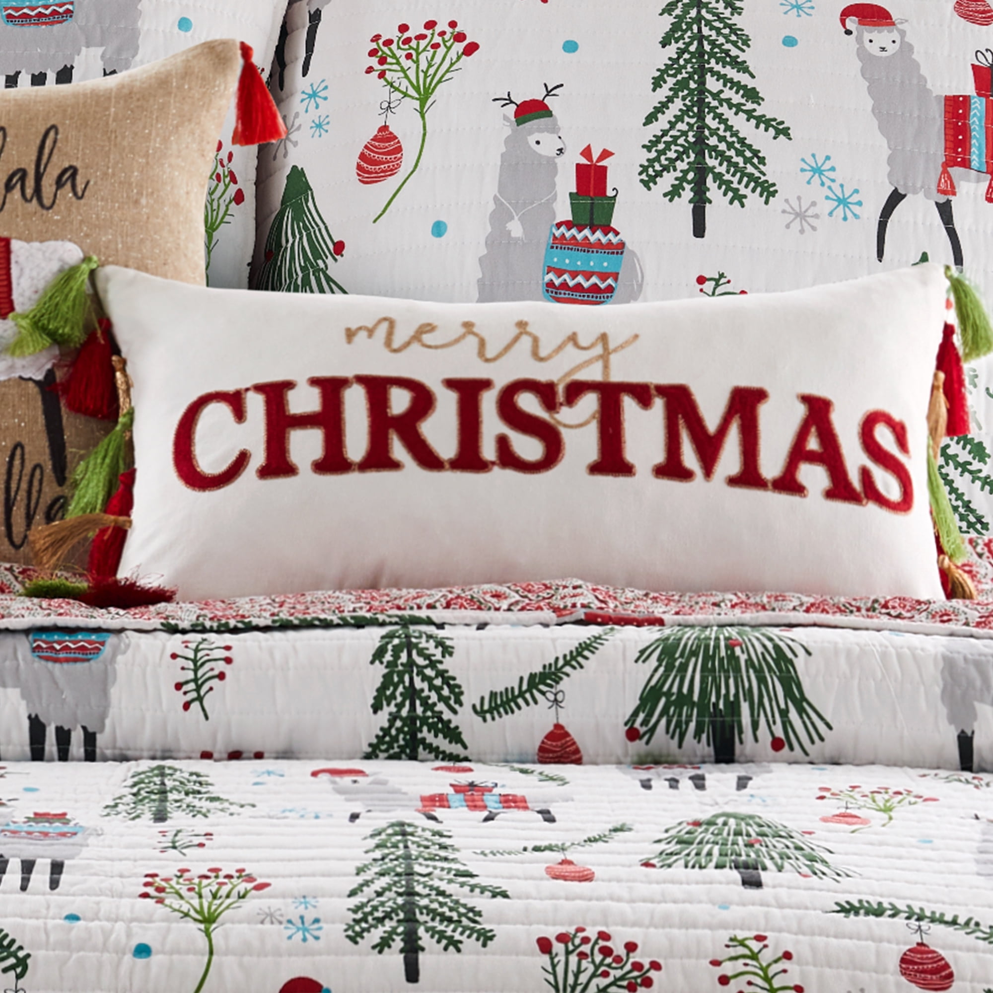 Grey, by Green, Sham Home Blue, Two - Merry and Red, La & Fa - (20x36in.) Polyester Pillow Blend - White - King Bright Quilt Levtex - Set Reversible Llama (106x92in.) Quilt King + La