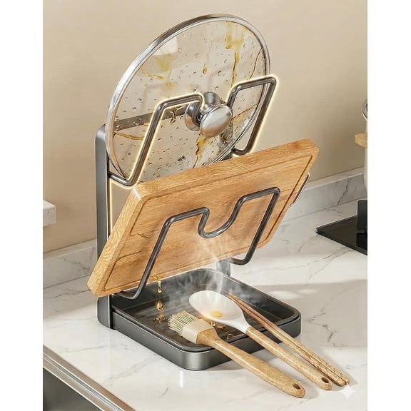 Kitchen Pot Lid Storage Rack, Stainless Steel Pot Lid Holder While Cooking & Spoon Rest, Multifunctional Pot Lid Organizer with Removable Drip Tray for Countertop, Space-Saving Lid Rack (Black)