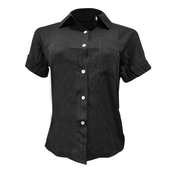 vigerkar Button Up Shirt Women's Casual Work Short Sleeve Summer Collared Blouse (Black, M)
