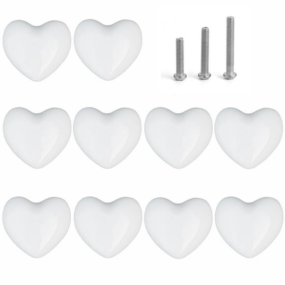 Perphin Ceramic Drawer Knobs Heart Shape Cabinet Dresser Pulls Handles with 3 Sized Screws, Kitchen Furniture Knobs for Closet Cupboard Wardrobe (White, 10 Pack)