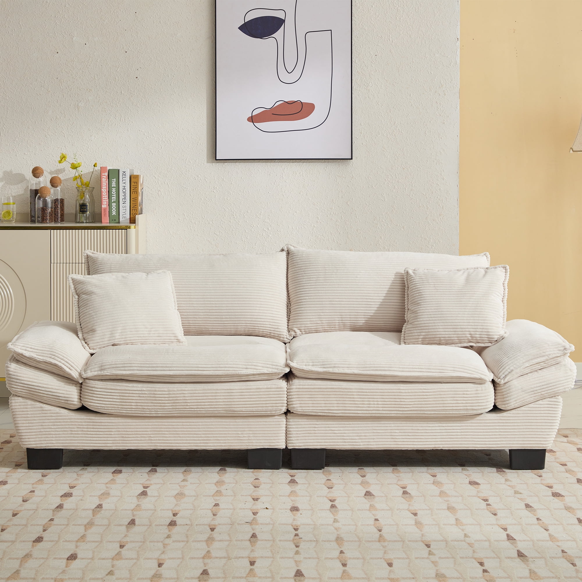 Aukfa 84" Deep Seat Sofa Modern Comfy Sofa Sleeper Couch for Living Room, 2 Pillows, Corduroy, Beige