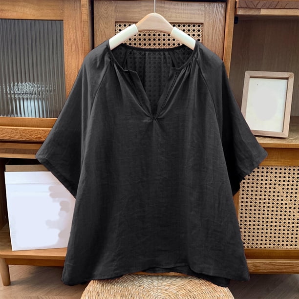 mfyjkho Tops Para Mujer, Blusa De Mujer De Color Liso Con Cuello En V, Manga Corta Y Hombros Descubiertos En Imitación De Lino Tops Para Mujer M