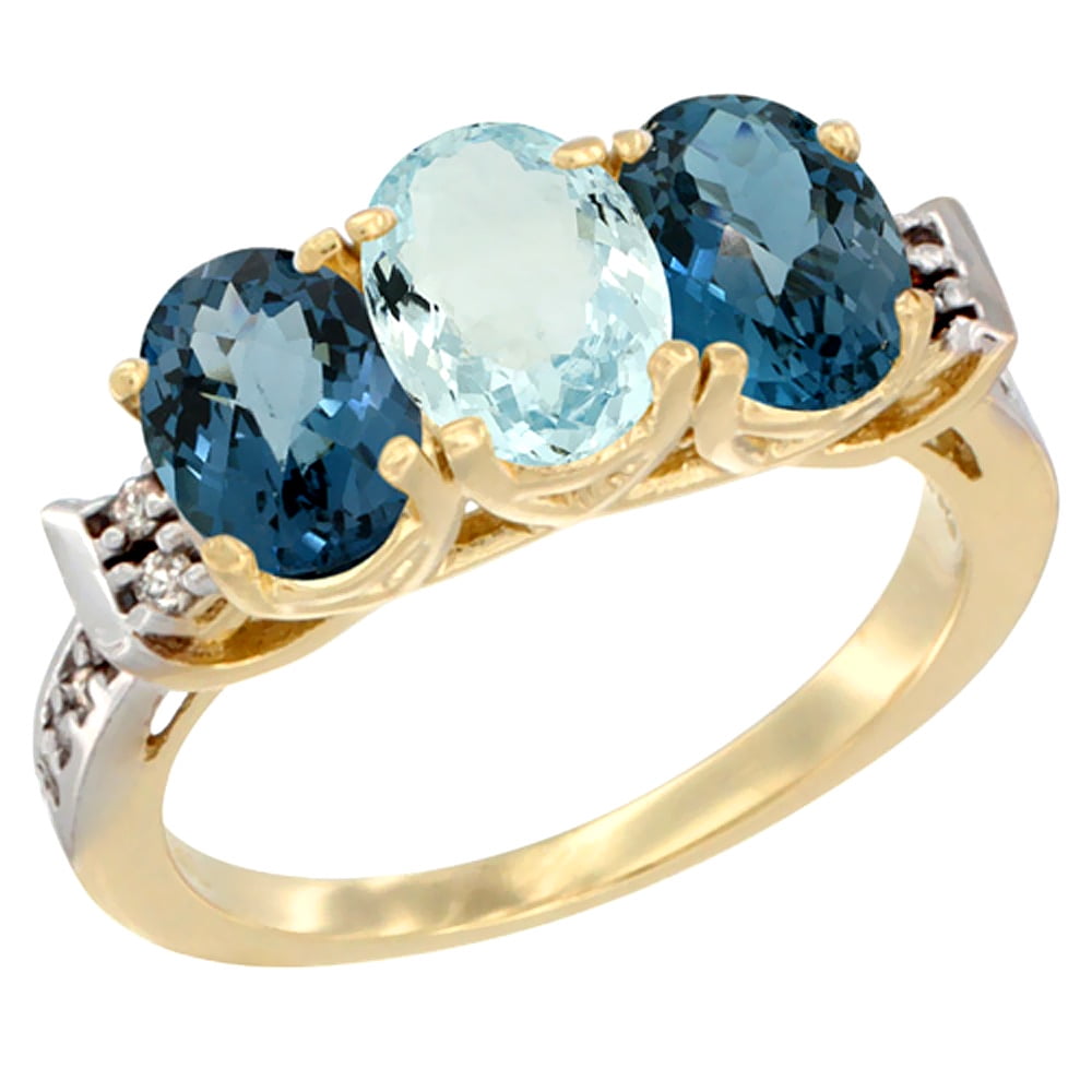14K Yellow Gold Natural Aquamarine & London Blue Topaz Sides Ring 3-Stone 7x5 mm Oval Diamond Accent, sizes 5 10 by WorldJewels