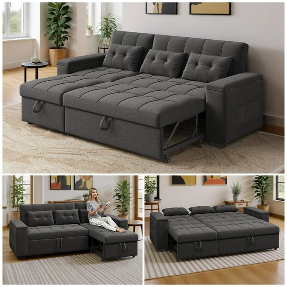 Noelse 87" Convertible Sofa Bed, Queen Size Sleeper with Pull Out Couch, 3 in 1 Sectional Sleeper Sofa with Side Pockets, Storage Armrest, Adjustable Backrest for Living Room, Dark Grey