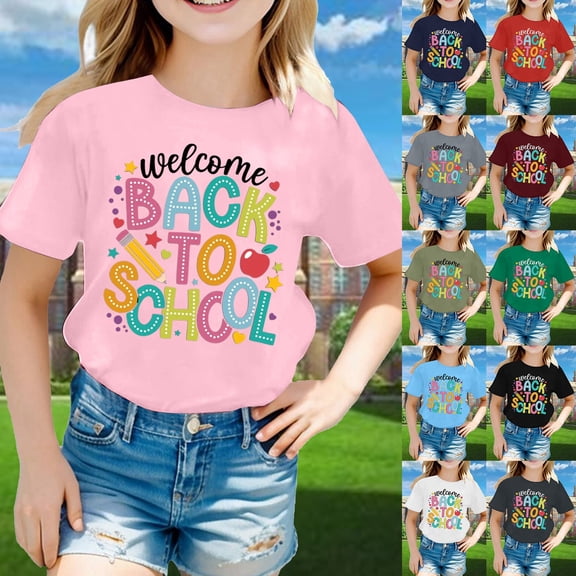 ibiyuan First Day Of School Shirts for Girls Summer Short Sleeve Back To School Gift Tee T-Shirt Funny Print Basic Tee Top Lightweight Kindergarten Pre K First Grade
