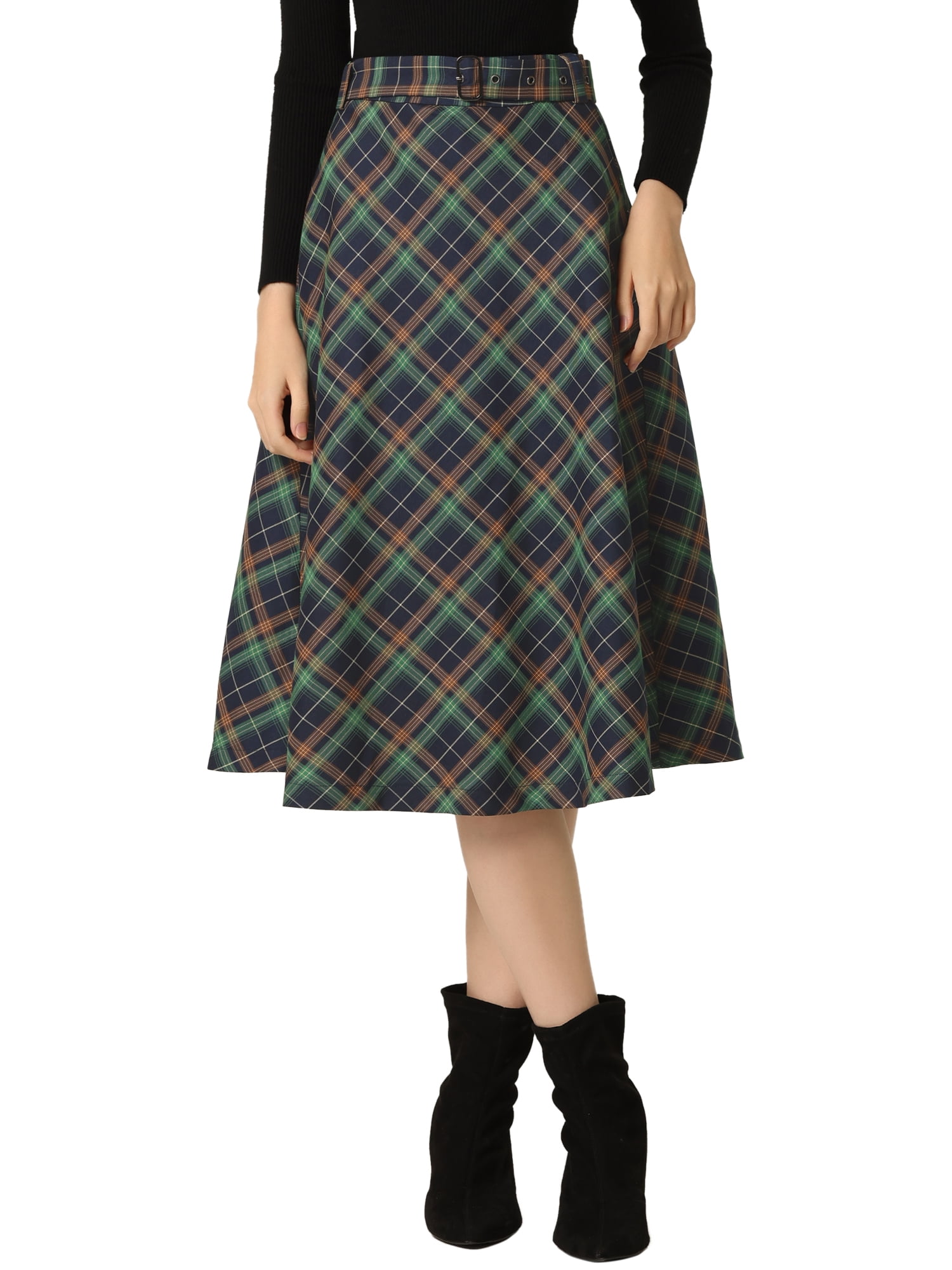 DARING DIVA Women's Plaid Belted Vintage A-Line Midi Skirt S Blue Green