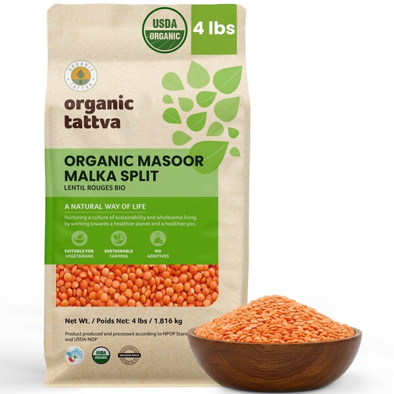 Organic Tattva Dry Split Red Lentils 4LB, Unpolished Masoor Dal, Vegan, Kosher, No Additives, Gluten Free, USDA Certified