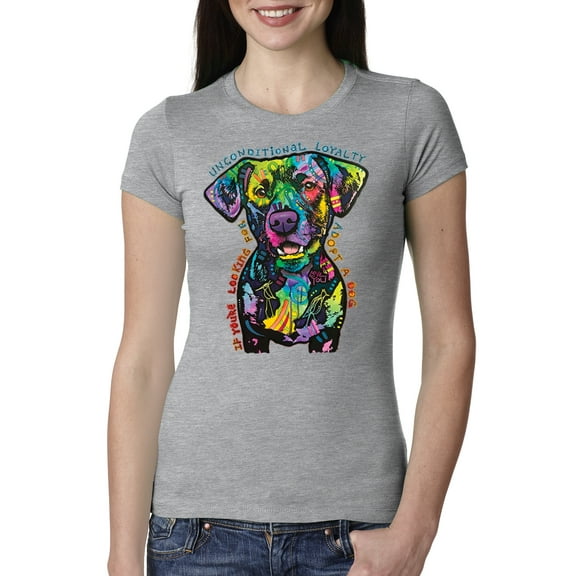 Dean Russo Unconditional Loyalty Dog Lover Womens Slim Fit Junior Tee, Heather Grey, Medium