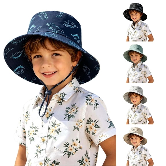 Krdevn Cartoon Dinosaur Print Kids Wide Brim Sun Hat Adjustable Chin Strap Beach Cap for Toddler Boys Girls