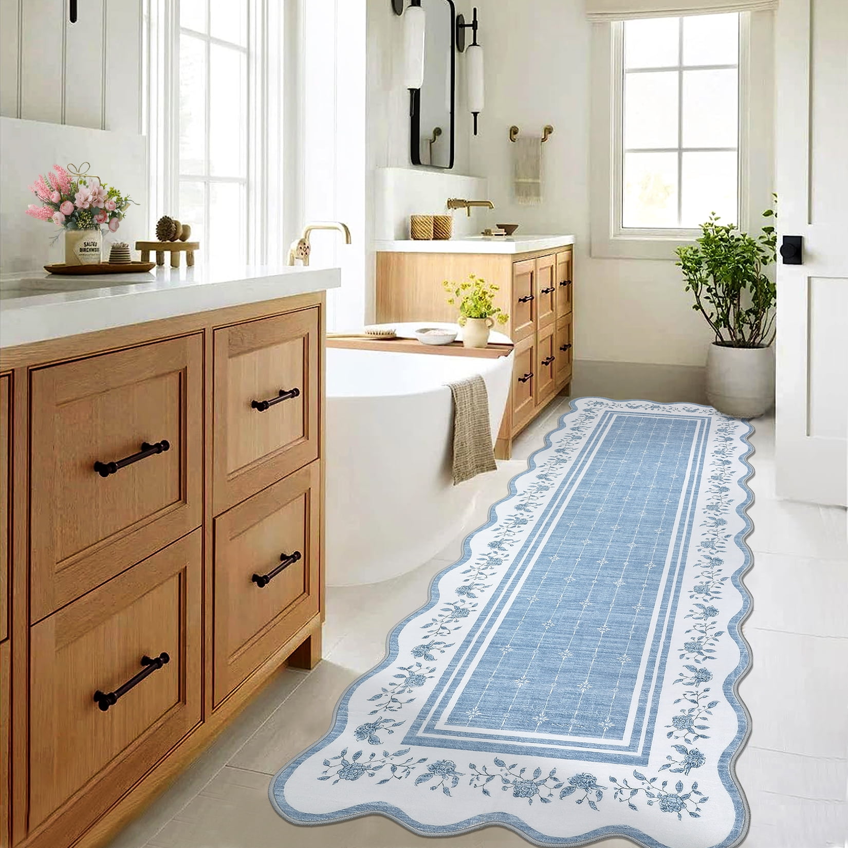 Garvee 2'x6' Scalloped Floral Rug Modern Farmhouse Carpet, Washable Rug with Non Slip Backing Soft Foldable Mat for Hallway Bedroom Kitchen, Blue