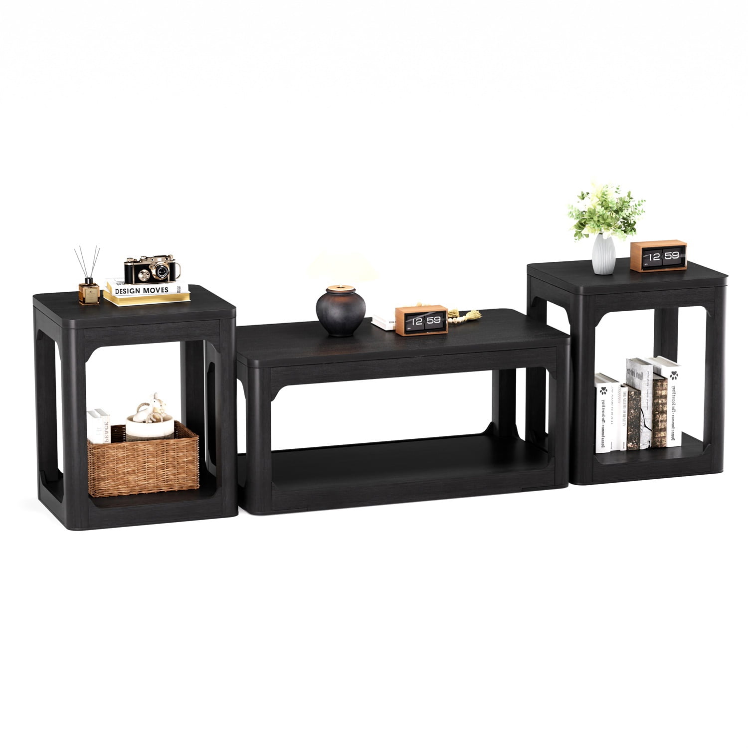 Hommoo Modern 3-Piece Coffee Table Set with Storage, Contemporary Living Room Furniture Set Including Coffee Table + 2 Side Tables, Matte Finish, Easy Assembly, Black