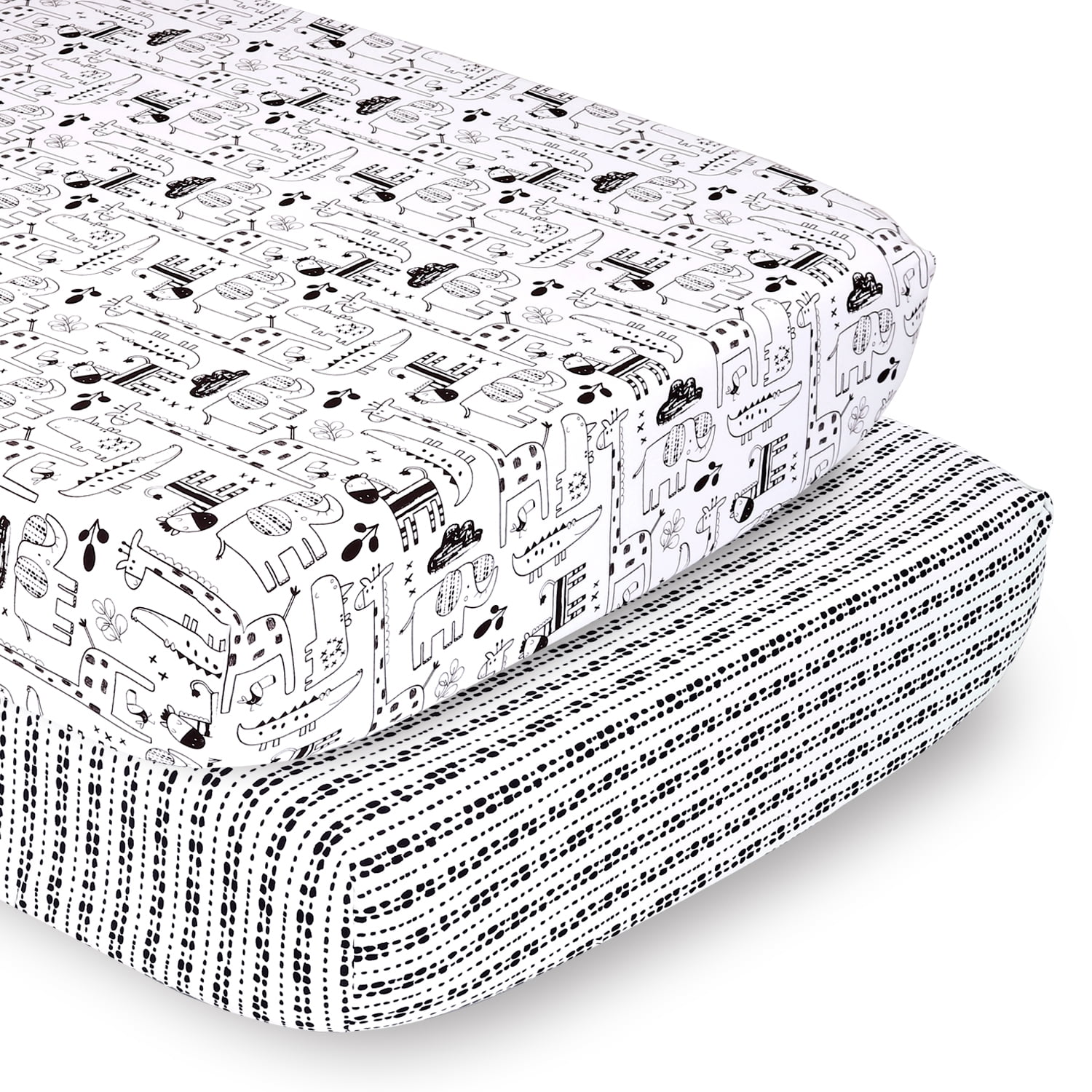 The Peanutshell Fitted Crib Sheet Set for Baby Boys or Baby Girls, Safari Animals, 2 Pack Set, Black and White
