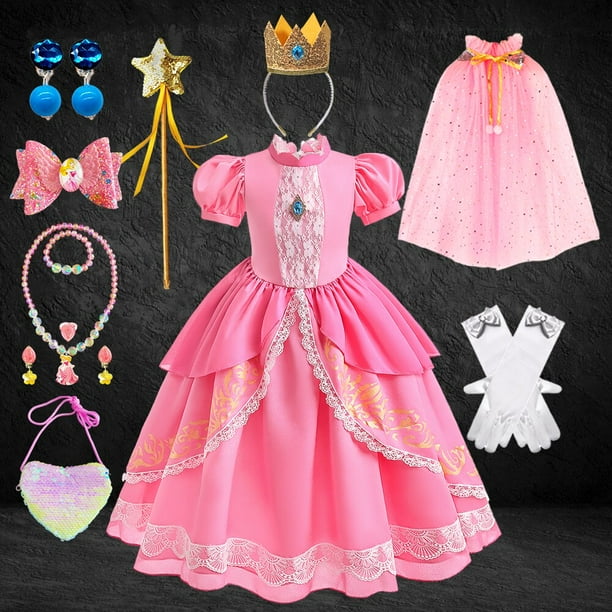 Vestido de princesa Peach para fiesta de cumpleaños de niñas, Vestido largo de encaje de manga abullonada rosa para baile de graduación, disfraz de Aurora para Halloween Fivean unisex